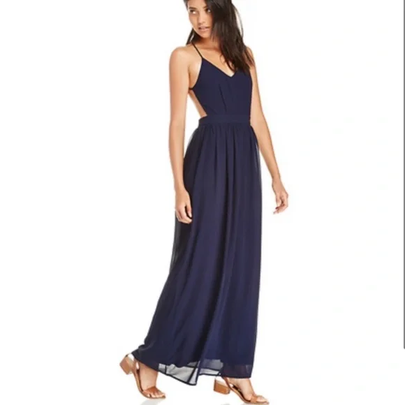 navy blue dress for baby girl Beaded Top Chiffon Long Dress with Open Back S / Royal Blue main image 1